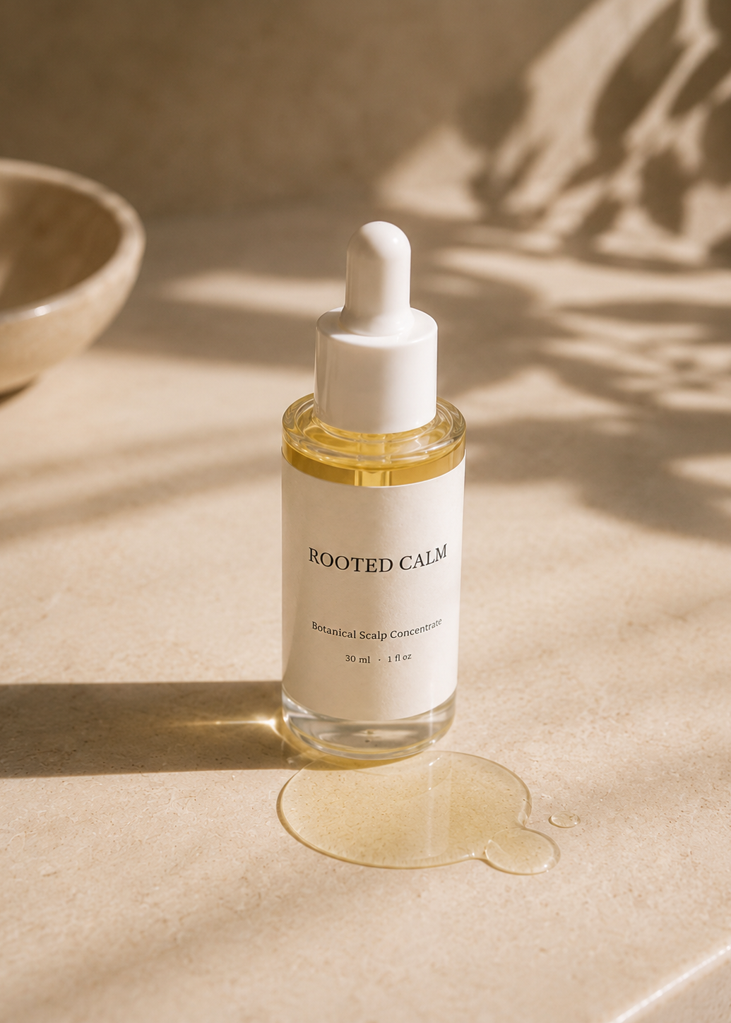 A clear glass dropper bottle of Rooted Calm Botanical Scalp Concentrate with a white label and white dropper cap, set on a beige stone surface with warm sunlight and leaf shadows.