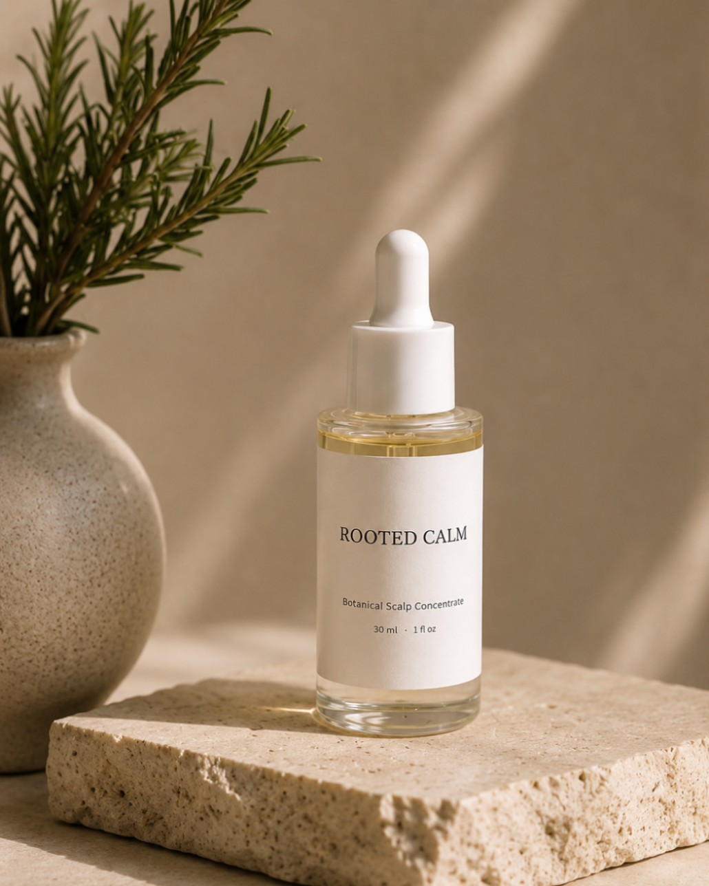Rooted Calm scalp care bottle beside rosemary