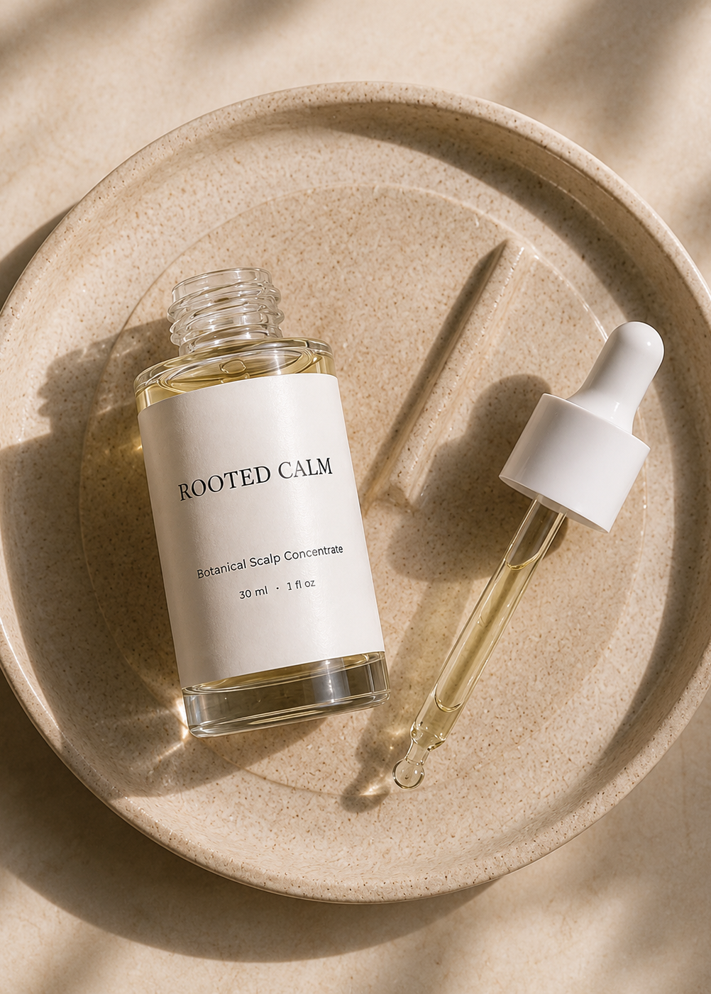 A glass bottle of Rooted Calm Scalp Serum with a white label and a white dropper, arranged on a round beige ceramic tray with a glass dropper and a wooden applicator under soft leaf shadows.