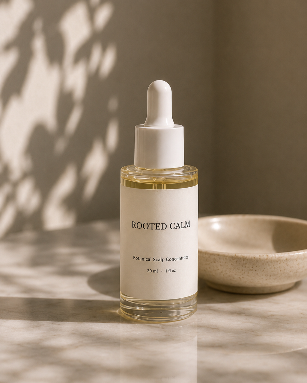 A clear glass dropper bottle labeled 'ROOTED CALM Botanical Scalp Concentrate' with a white dropper cap, standing on a light stone surface beside a small beige bowl. Warm natural light casts leafy shadows on the wall behind it.