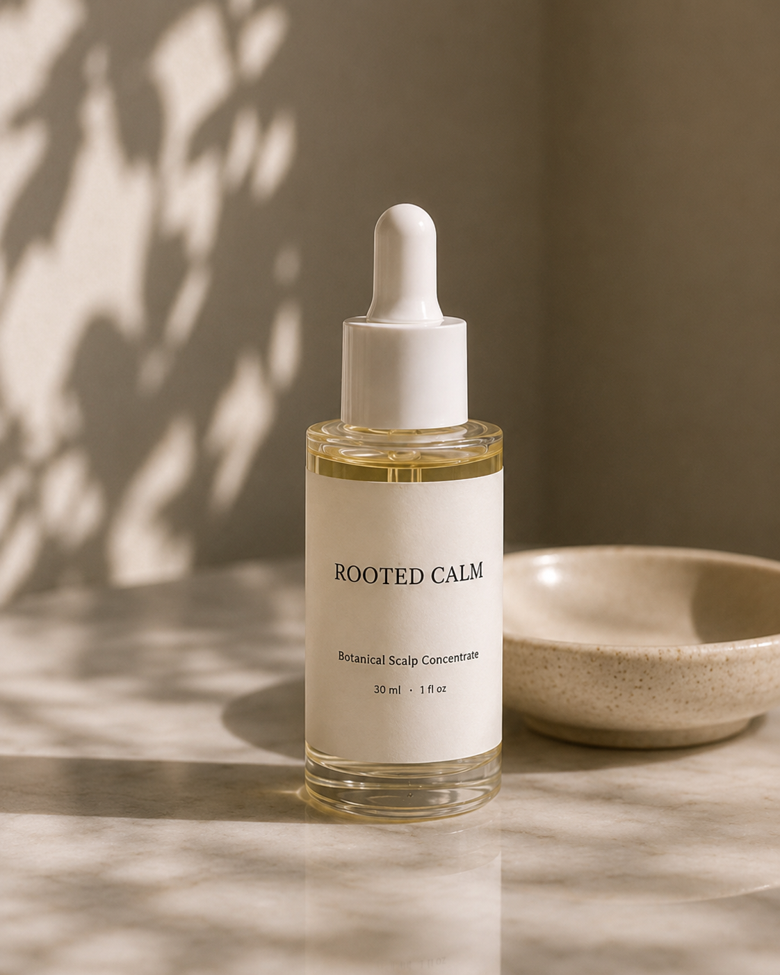 A clear glass dropper bottle labeled 'ROOTED CALM Botanical Scalp Concentrate' with a white dropper cap, standing on a light stone surface beside a small beige bowl. Warm natural light casts leafy shadows on the wall behind it.