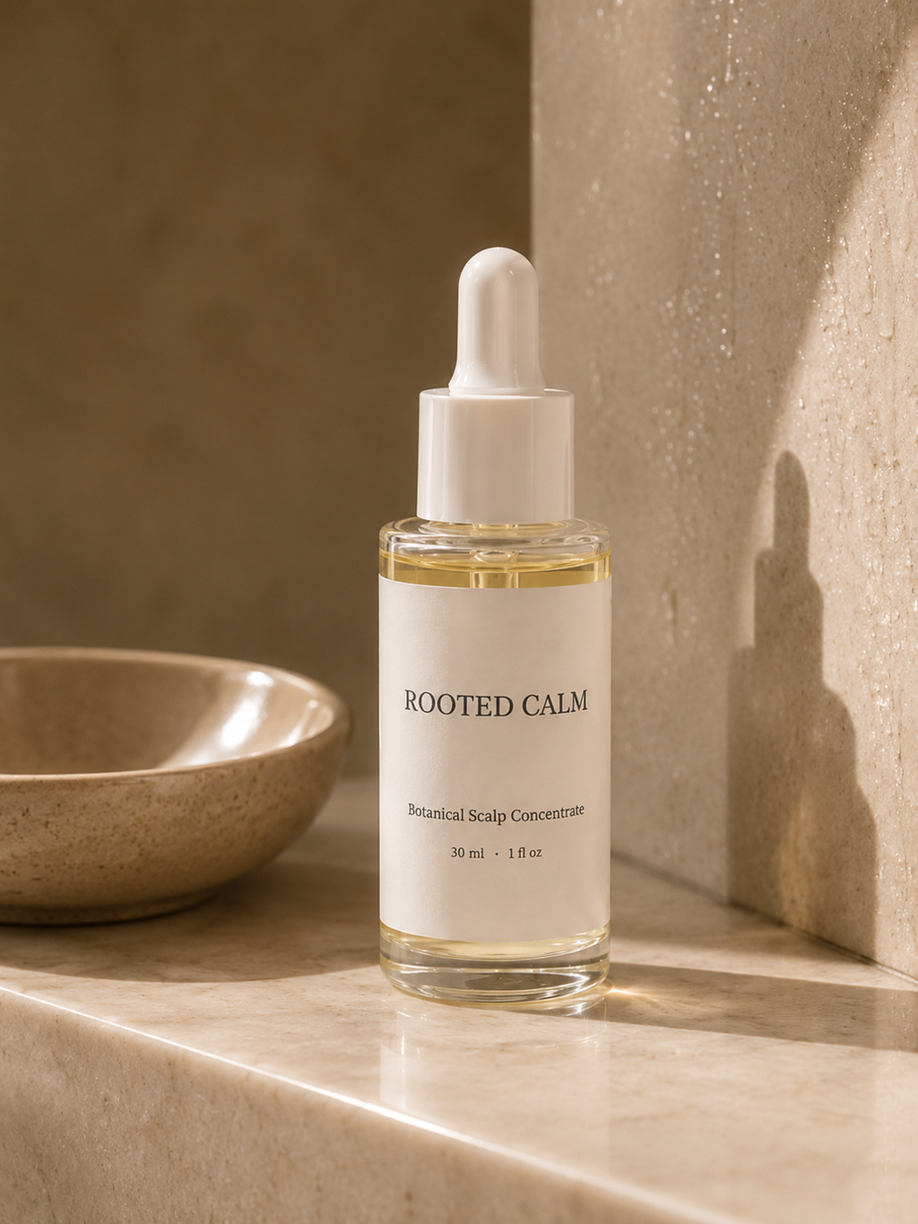 A clear glass dropper bottle labeled 'ROOTED CALM' with pale yellow liquid inside, standing on a stone surface beside a small beige bowl against a textured beige wall.