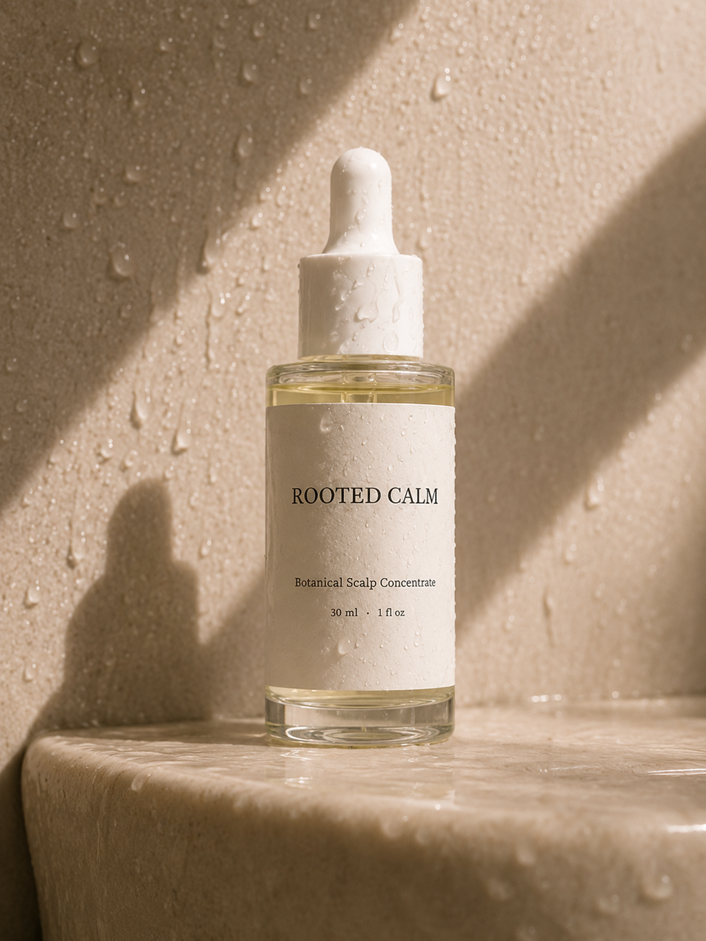 A clear glass dropper bottle labeled ROOTED CALM Botanical Scalp Concentrate, filled with pale yellow liquid, set on a stone surface against a textured beige wall with water droplets and warm directional shadows.