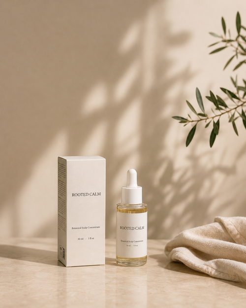 A skincare dropper bottle labeled ROOTED CALM stands beside its matching white box on a beige stone surface, with soft shadow overlays and a folded cream towel plus green leaves in the background.
