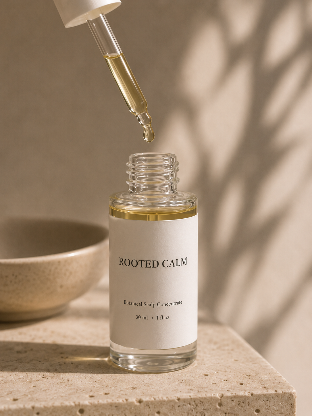 A clear glass dropper bottle labeled 'ROOTED CALM Botanical Scalp Concentrate' sits on a stone surface with a dropper above it, holding a drop of golden liquid. A beige bowl and warm natural shadows are softly blurred in the background.